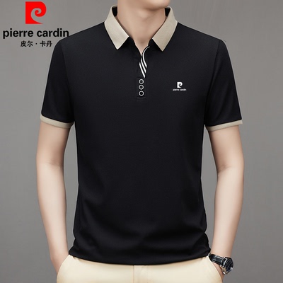 皮尔卡丹2024新款男士桑蚕丝短袖T恤夏季中年翻领休闲Polo衫上衣