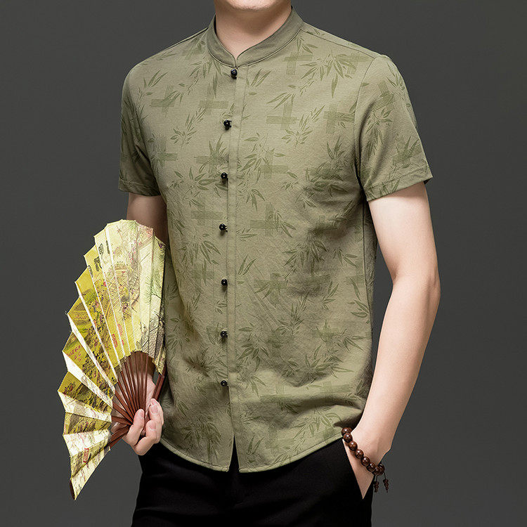 皮尔卡丹夏季薄款男士冰丝透气刺绣衬衫老年中国风爸爸装短袖T恤