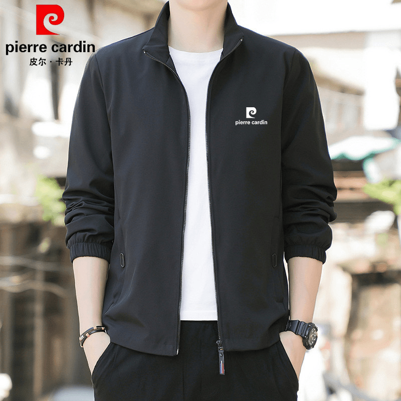 皮尔卡丹高档夹克男士外套春秋季薄款宽松时尚立领百搭男装茄克衫