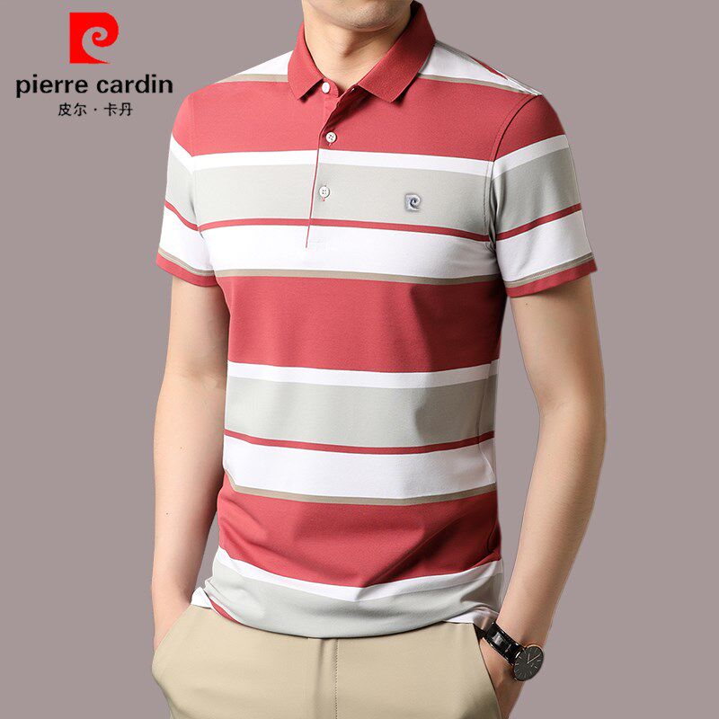 皮尔卡丹短袖t恤男士夏季纯棉中老年时尚polo衫条纹新款翻领体恤