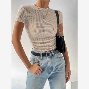 versatile pleated round neck knitted short sleeved T-shirt