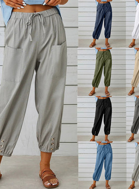 High waisted buttoned cotton and linen pants women's pants