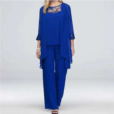 大码女装蕾丝雪纺直筒裤三件套