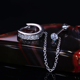 rock boil微镶锆石耳钉耳骨环双孔链条钛钢日韩高级感耳骨钉耳链