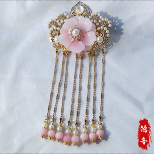 鸿音原创设计琉璃仿玉桃夭发夹珍珠流苏后压脑勺汉服古风配饰百搭