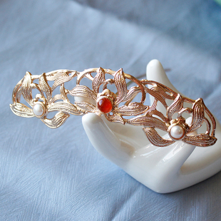 鸿音原创设计菡萏发冠汉服发簪莲花藤曼顶冠珍珠玛瑙头饰古风饰品