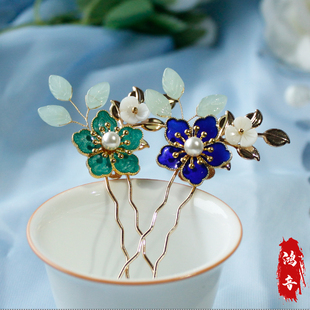 鸿音原创设计南枝发钗景泰蓝点翠花朵头饰汉服旗袍配明清复古宫廷