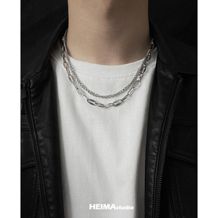 猪鼻多层项链男士 潮嘻哈小众设计轻奢简约钛钢锁骨链配饰搭配衣服