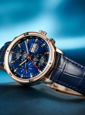 法国OBL欧宝罗蓝色休闲商务全自动多功能机械手表男士真皮表带