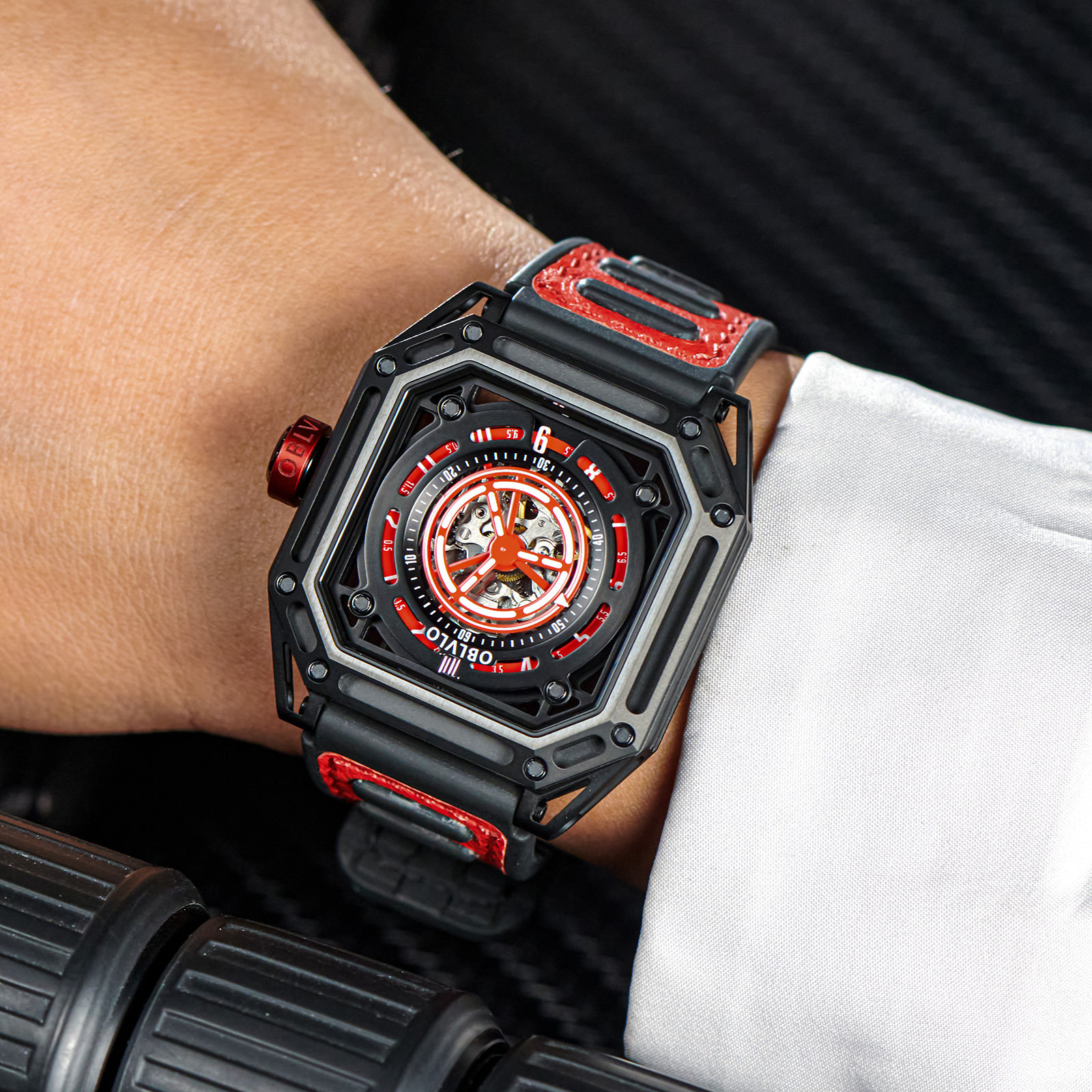 oblvlo欧宝罗原创机械表国际设计奖男士红方形镂空手表送男友礼物