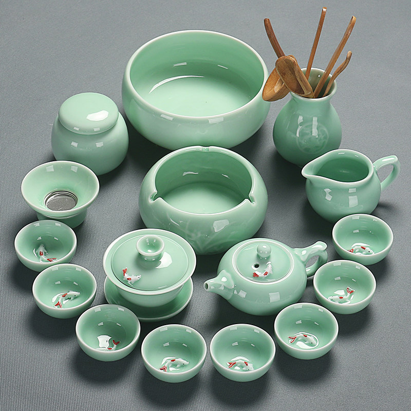 青瓷功夫茶具套组家用办公室陶瓷茶壶鲤鱼茶杯高档整套泡茶专用