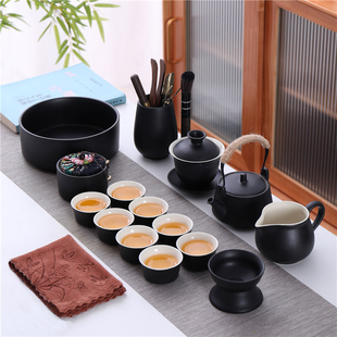 陶瓷家用客厅办公茶壶茶杯简约复古轻奢高档中式 黑陶功夫茶具套装