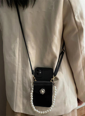 黑色山茶花零钱包适用iPhone16promax手机壳苹果15/14/13/12/11新款7plus苹果XSE2斜挎Xr背带挂绳8p全包6硅胶