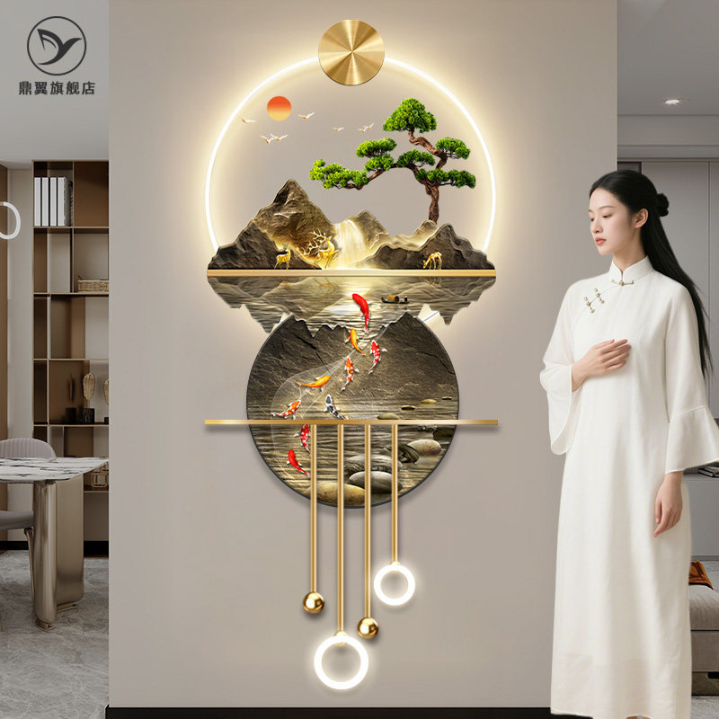 新中式入户玄关装饰画 画山水画 画高档立体LED壁灯走廊过道九鱼