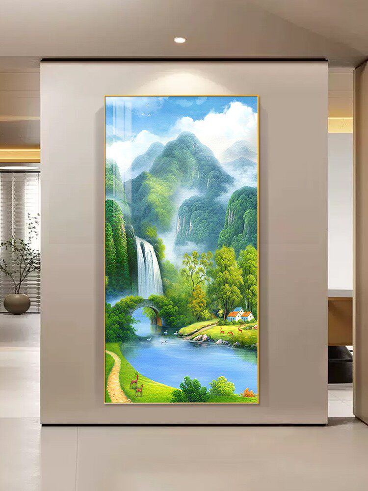 流水生财玄关装饰画八方聚财山水画聚宝盆竖版风景挂画正对门壁画