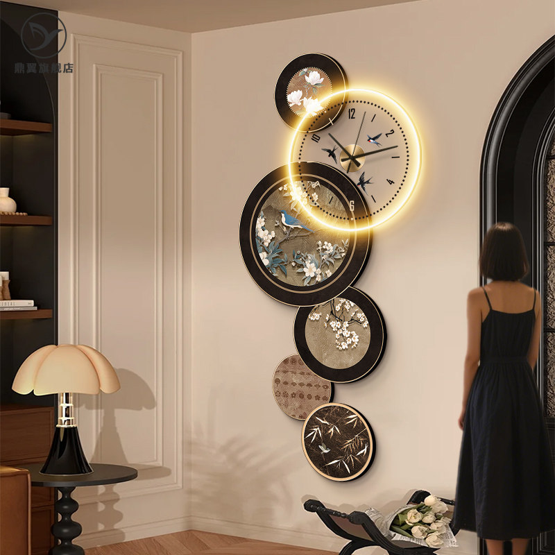 中古风玄关画入户正对门高级感进门走廊装饰画带灯轻奢时钟挂画