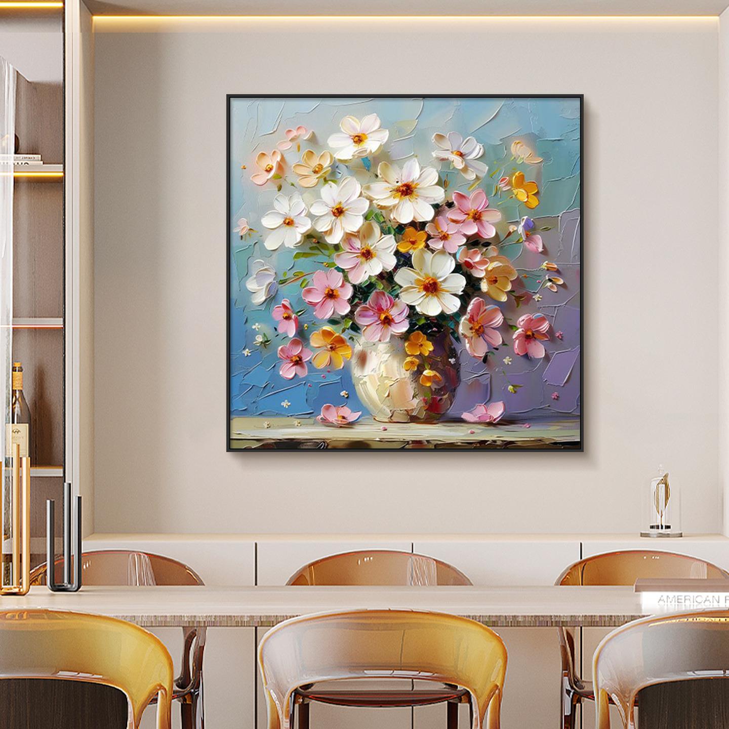 2025新款餐厅装饰画饭厅背景墙简约现代手绘油画花轻奢高级感挂画图片