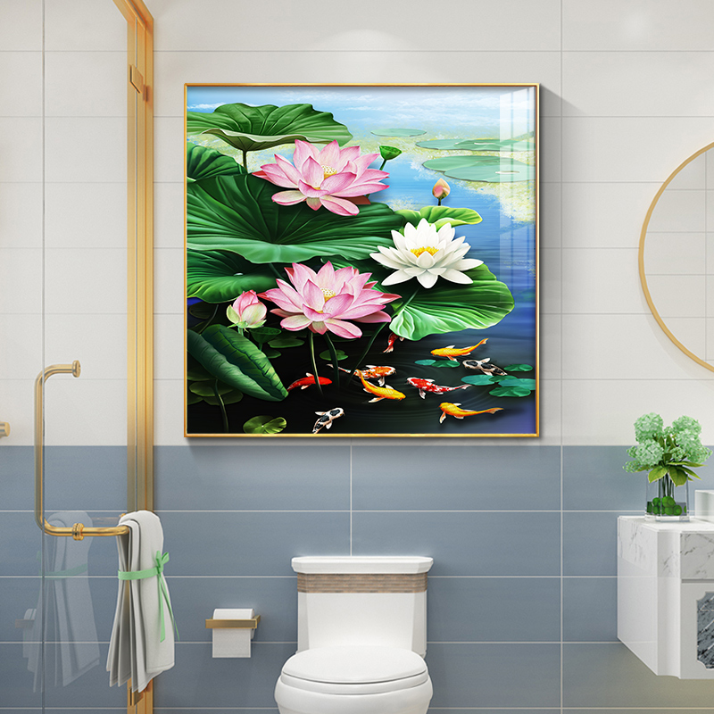 卫生间防水挂画免打孔浴室装饰画莲花九鱼油画厕所壁画荷花鲤鱼图图片