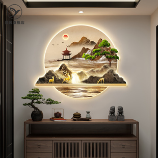 迎客松挂画新中式入户玄关装饰画正对门高级感带灯画走廊过道壁画