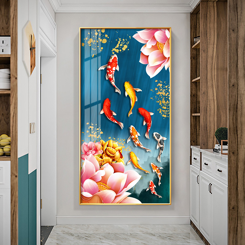 荷花九鱼图玄关装饰画晶瓷画镶钻石竖版进门招财走廊壁画客厅挂画