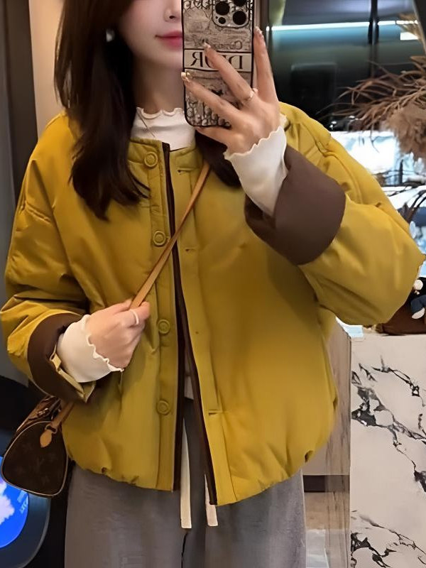 短款外套撞色圆领设计感棉服外套女秋冬季新款时尚宽松小个子棉衣