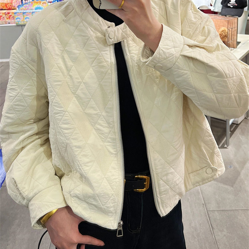 短款外套夹克菱格立领棉服外套女