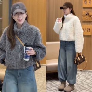 新品 气质毛绒短外套女秋冬高领拉链保暖显瘦百搭上衣外套 2025韩版