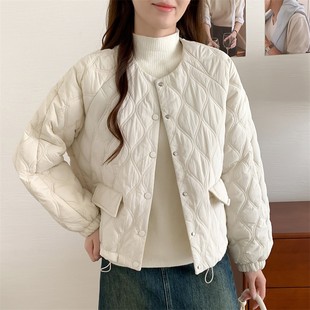 菱形格棉服女2025冬时尚宽松圆领保暖夹棉棒球服棉衣外套小个子