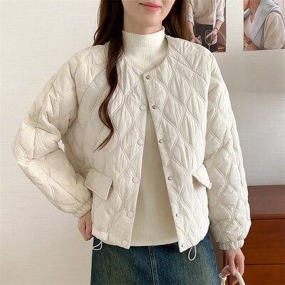 菱形格棉服女2025冬时尚宽松圆领