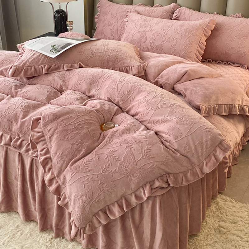 雕花牛奶绒夹棉床裙四件套冬季