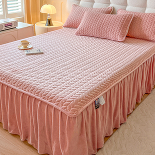 公主风夹棉床裙款 天 牛奶绒加厚法兰珊瑚绒床单三件套纯色保暖冬季