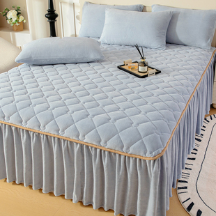 纯色牛奶绒夹棉床裙单件冬季 床罩三件套 加厚保暖珊瑚法兰绒花边款