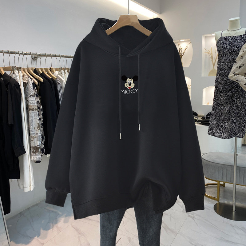 2024 새로운 출산 가을 겨울 후드 티셔츠 중간 길이 순수 코튼 한국식 벨벳과 두꺼워지는 루즈 캐주얼 탑