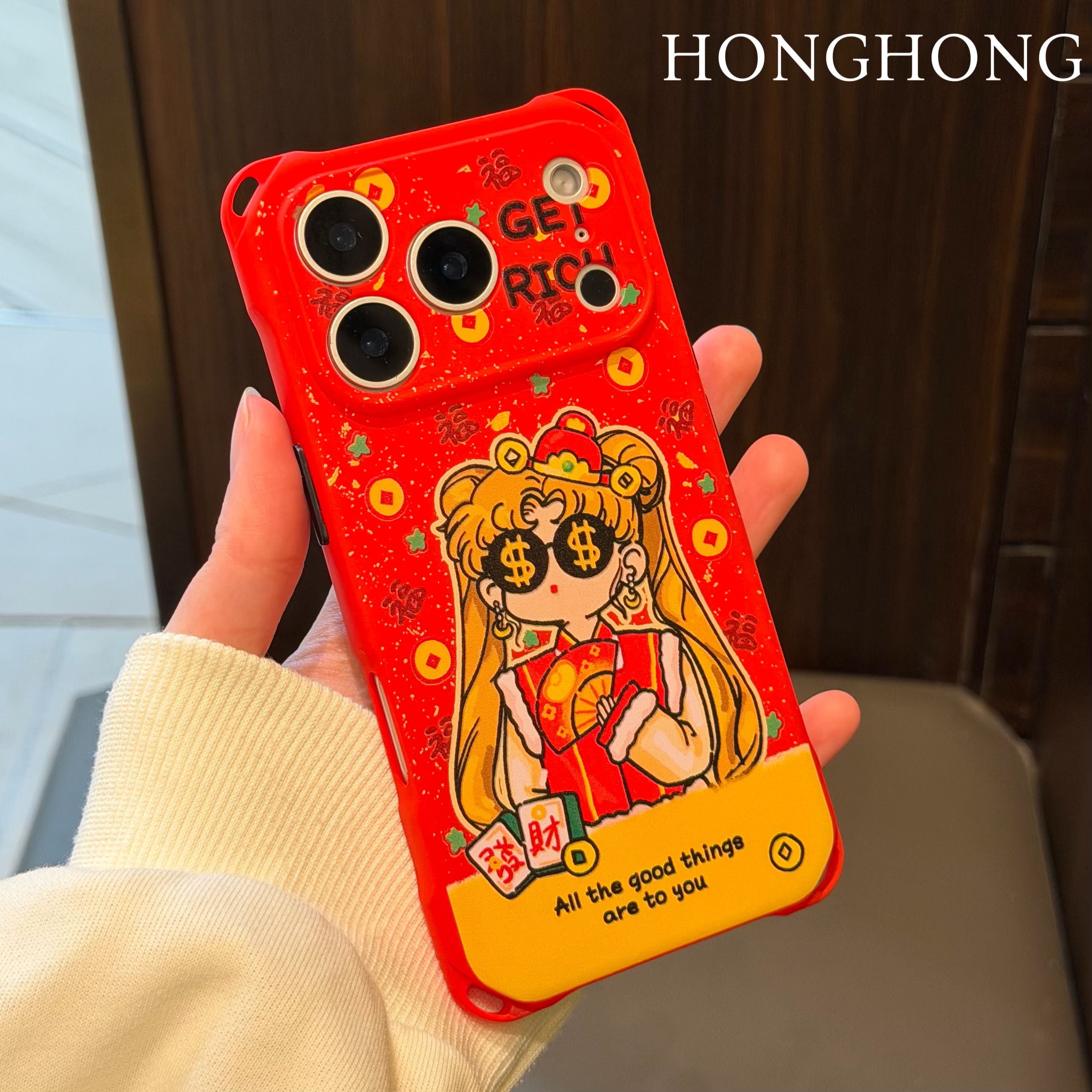 原创发财美少女适用iphone16promax华为mate60pro手机壳卡通潮流苹果17air红色新款pura70斜挎挂绳15plus小众