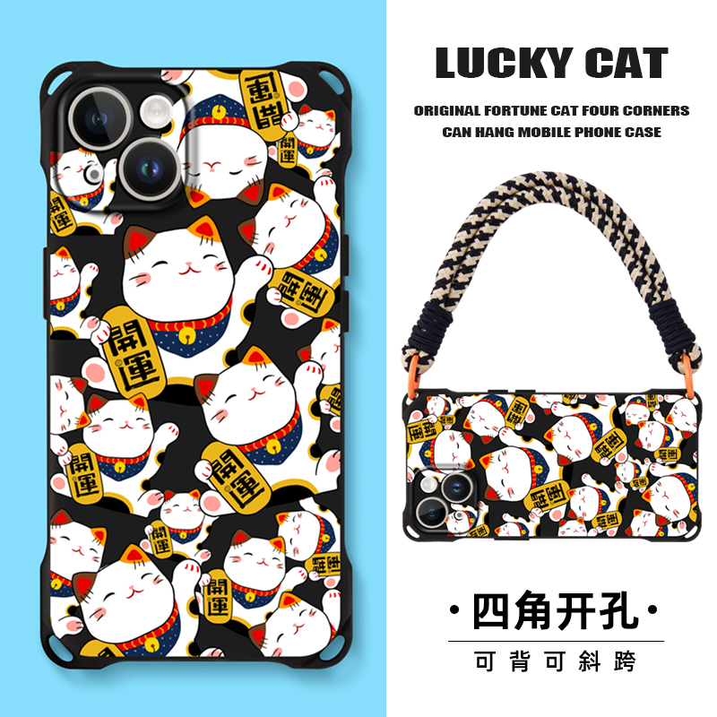 适用苹果13手机壳潮流日韩iphone14promax手提个性腕带15plus挂脖斜跨12背带新款11招财猫xsmax全包xr硅胶软