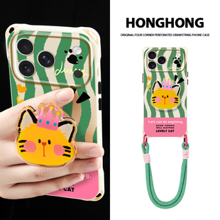 适用苹果17promax华为p70ultra手机壳pura80原创mate60pro创意14皇冠猫iphone16手提斜跨15条纹支架ins风挂绳