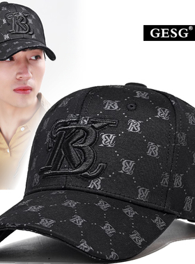新款黑色硬顶帽子男复古老花棒球帽男韩版潮时尚休闲印花鸭舌帽男