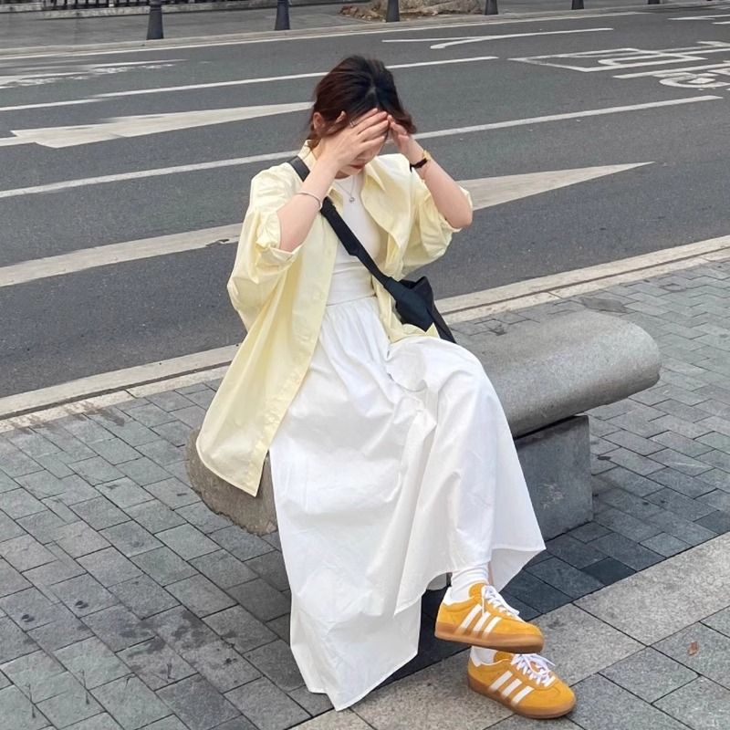 日系奶黄色长袖衬衫女春秋小个子宽松衬衣外搭开衫外套中长款上衣