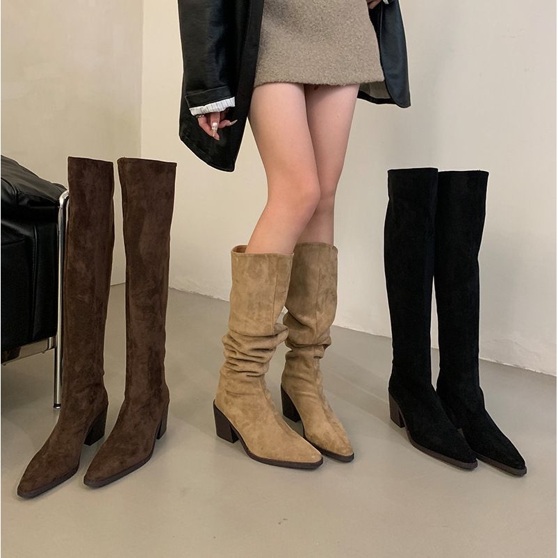 通勤气质粗跟卡其色过膝长筒靴女靴早春季两穿骑士堆堆长筒骑士靴