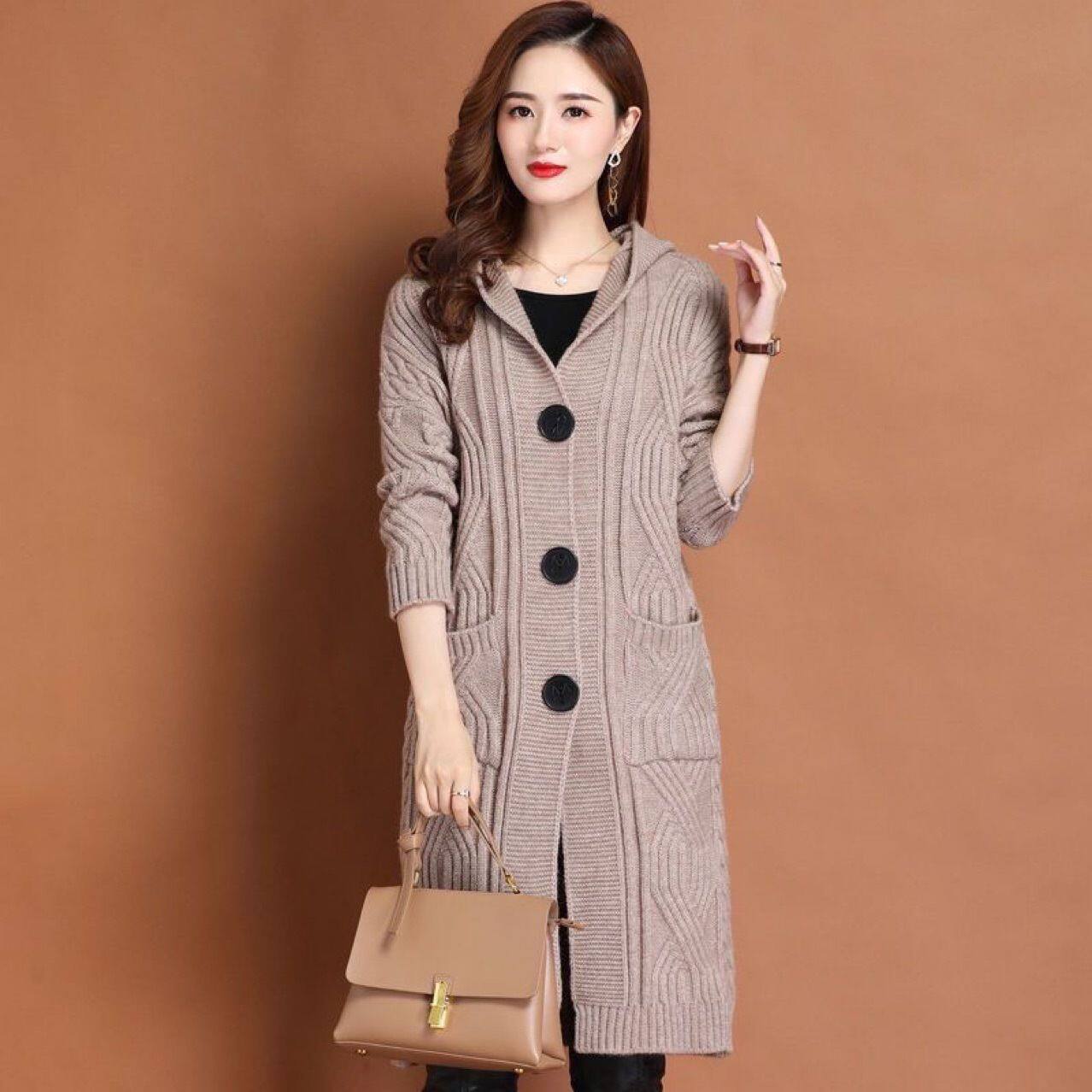 中长款连帽毛衣外套女2025秋冬韩版宽松慵懒风麻花加厚针织衫开衫