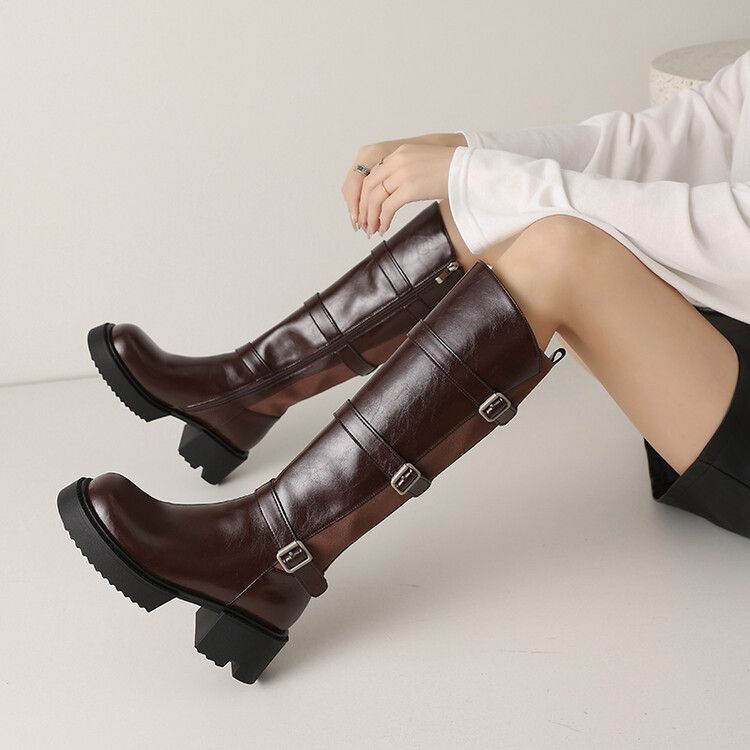 牛皮靴子女新款春秋女靴棕色潮酷厚底皮带扣女款长靴骑士靴秋
