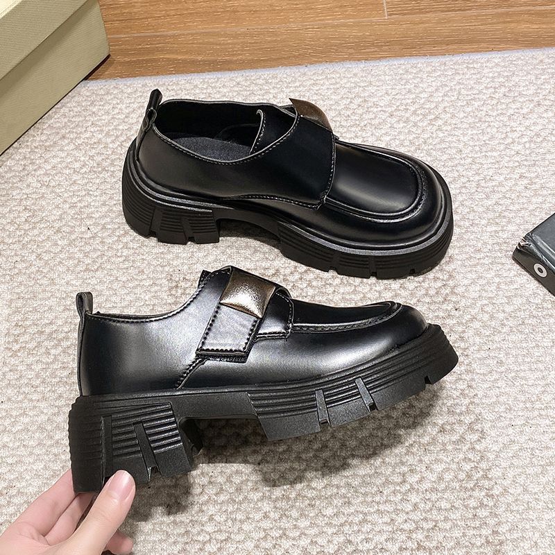 复古厚底高跟jk单鞋子秋冬新款粗跟小皮鞋魔术贴百搭乐福鞋女