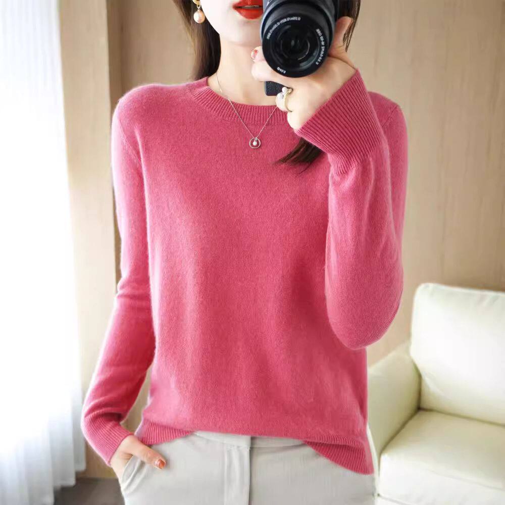 秋季打底衫女外穿毛衣长袖大码女装内搭上衣粉色长款羊毛针织衫薄