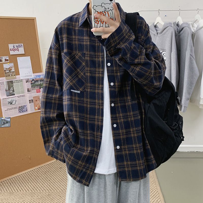 春秋款长袖格子衬衫男宽松潮流学生休闲复古帅气外穿磨毛衬衣外套
