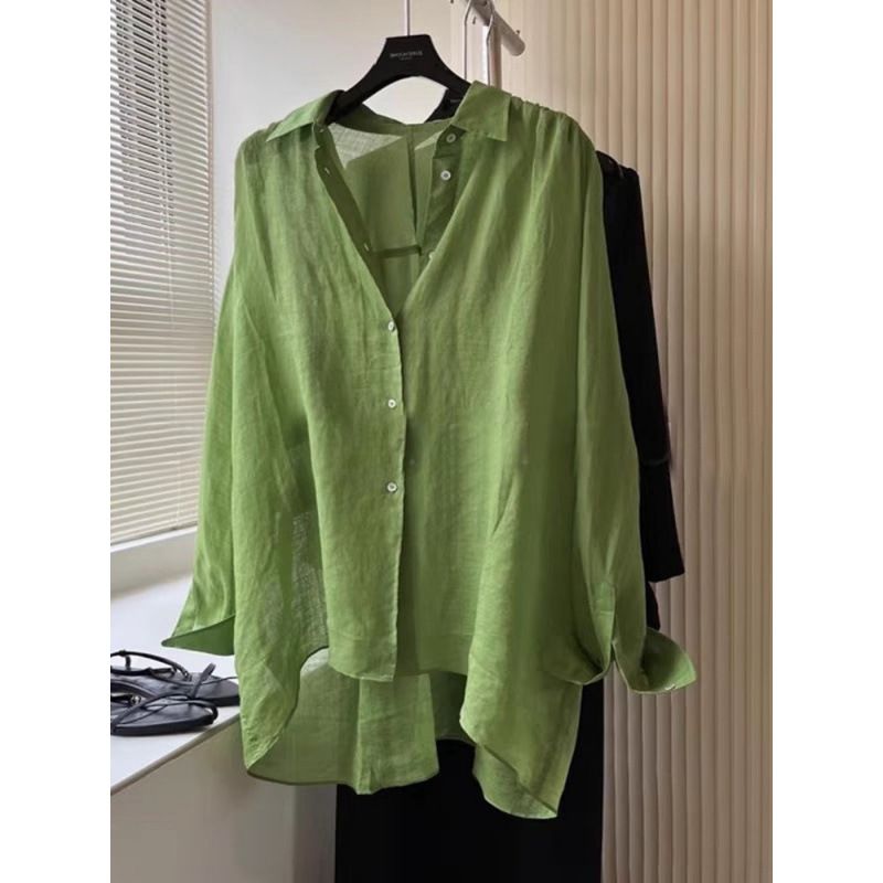 法式高级感绿色棉麻衬衫女夏季薄款宽松慵懒亚麻衬衣长袖防晒上衣
