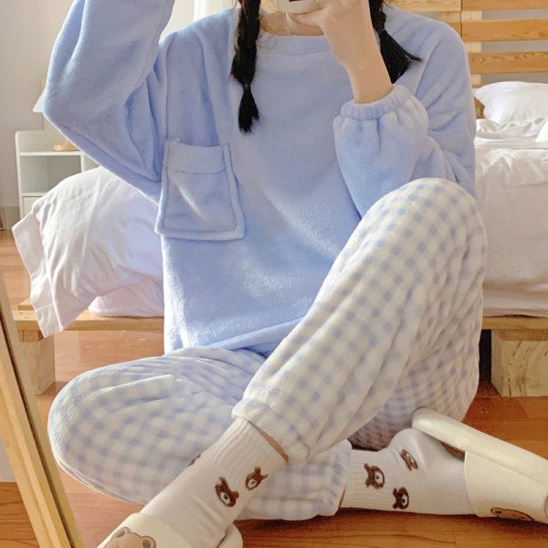 新款韩版睡衣女冬季睡袍可爱学生宿舍加绒加厚可外穿家居服女