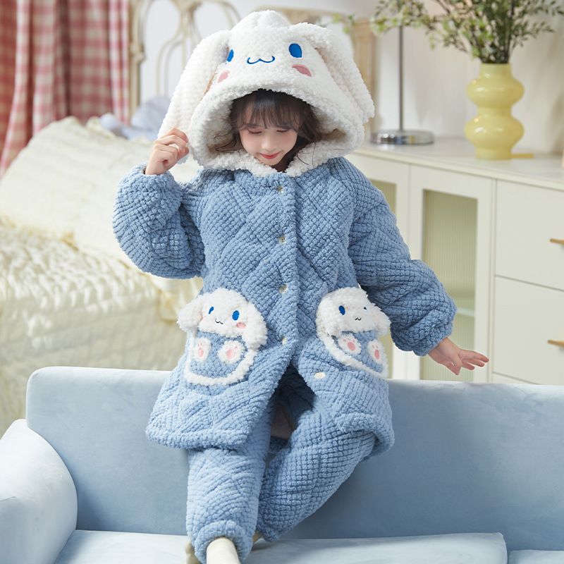 女童睡衣加绒加厚长款睡袍冬款棉袄套装可爱风三层夹棉儿童家居服