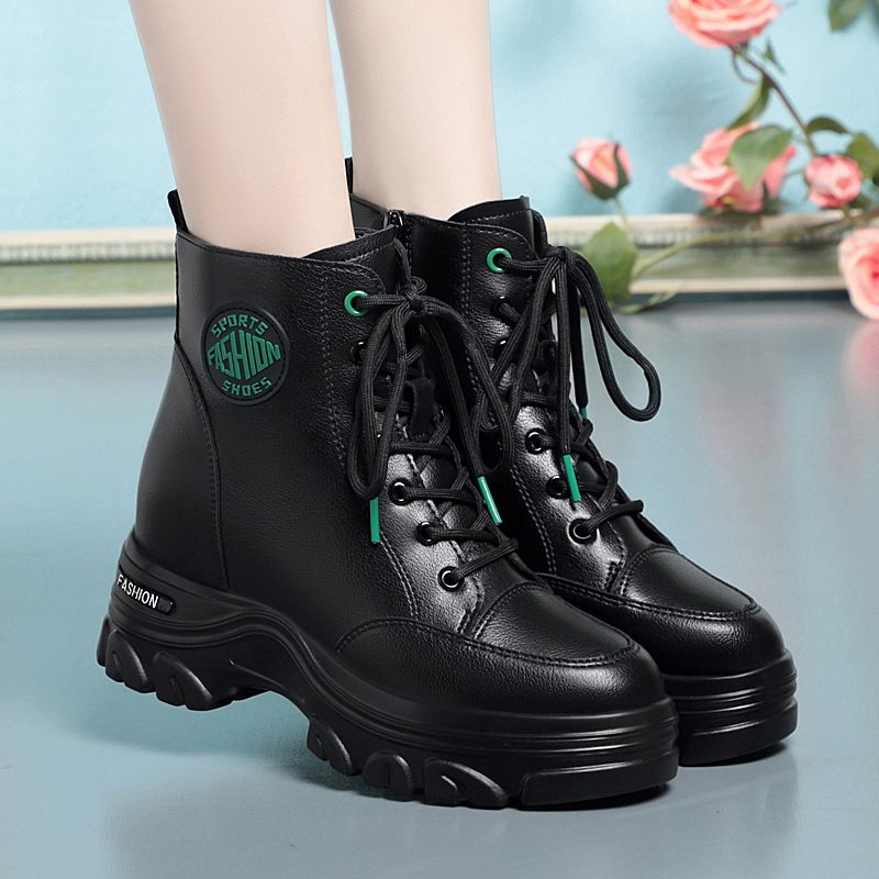 小个子内增高款舒适加绒加厚不闷脚时尚皮靴女粗跟厚底女士马丁靴