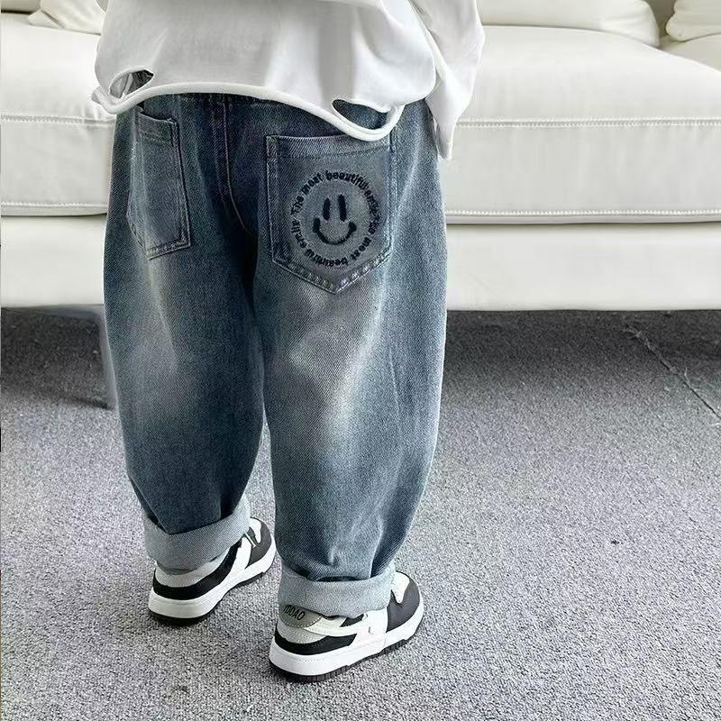 儿童春夏牛仔长裤2025新款男女童笑脸宽松韩版洋气时髦软牛仔裤潮
