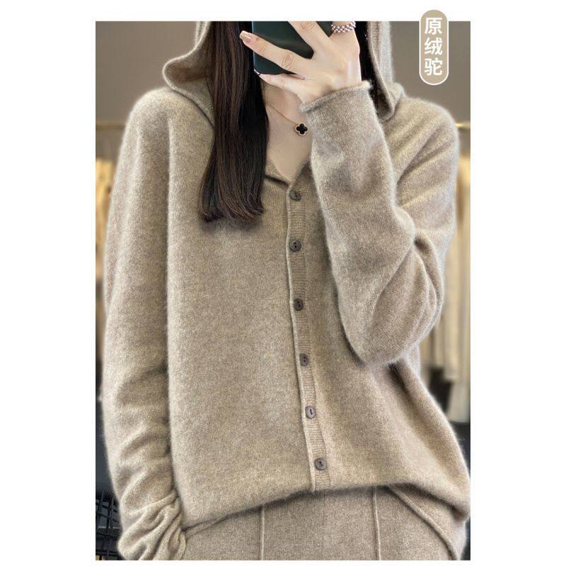 新款无缝100羊毛开衫女薄款连帽毛衣外套宽松慵懒风针织衫上衣